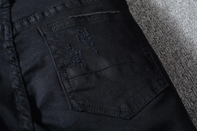 黑色 distressed ripped patched slim-fit 牛仔裤 5