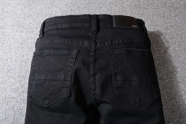 黑色 distressed ripped patched slim-fit 牛仔裤 6