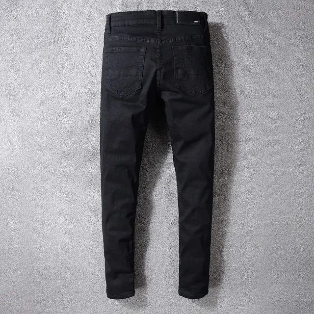 黑色 distressed ripped patched slim-fit 牛仔裤 8