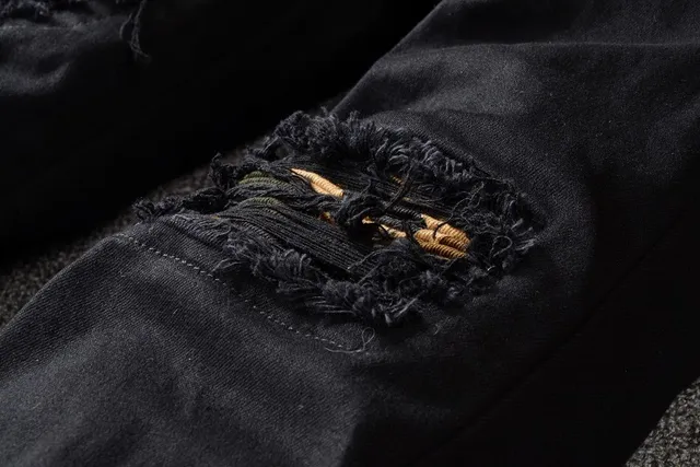 黑色 distressed ripped patched slim-fit 牛仔裤 9