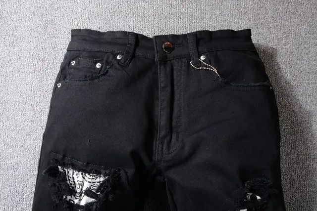 黑色 distressed ripped patched slim-fit 牛仔裤 14