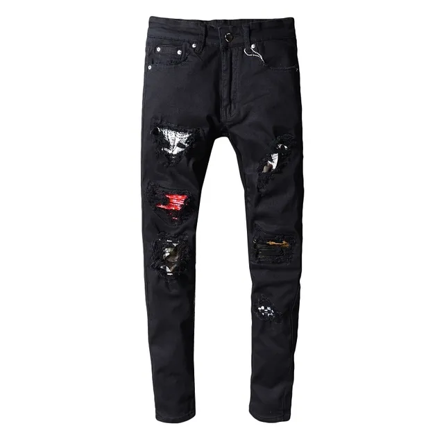 黑色 distressed ripped patched slim-fit 牛仔裤 15