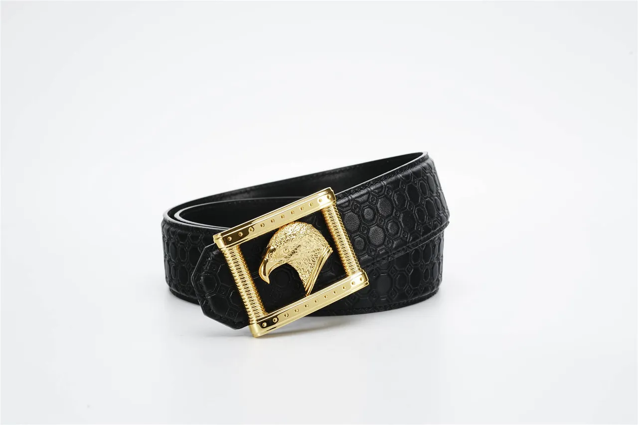 Black Gold Embossed Hexagonal Eagle Head Buckle Leather Belt 4