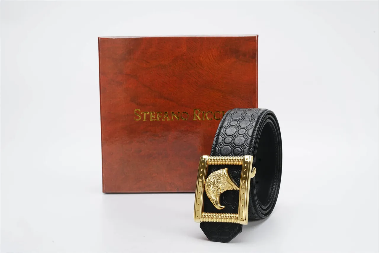 Black Gold Embossed Hexagonal Eagle Head Buckle Leather Belt 6