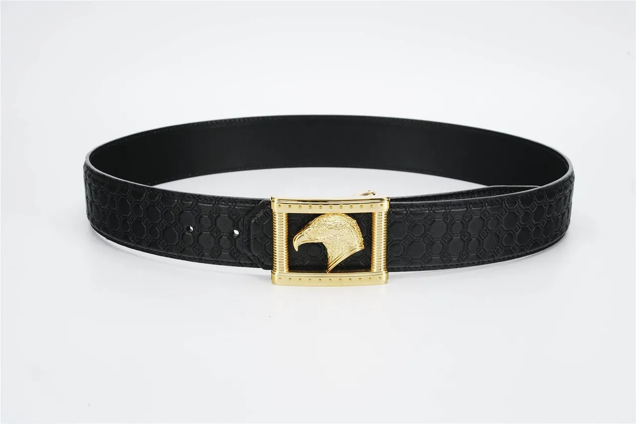 Black Gold Embossed Hexagonal Eagle Head Buckle Leather Belt 9