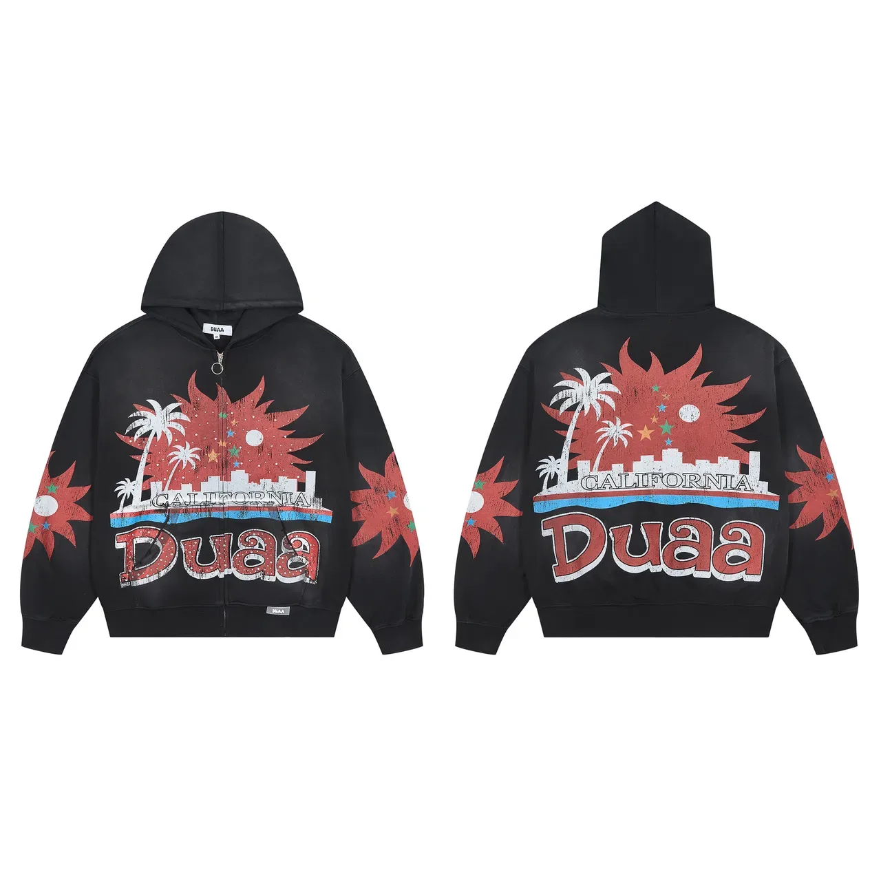 Hoodie noir imprimé graphique, fermeture éclair complète et coupe oversized 2