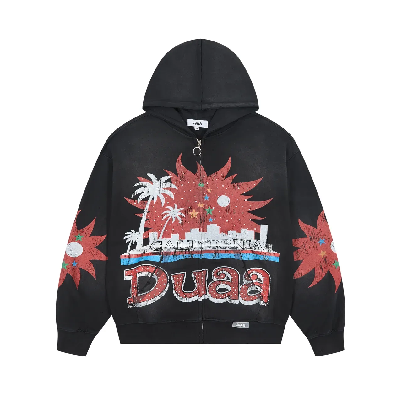 Hoodie noir imprimé graphique, fermeture éclair complète et coupe oversized 3