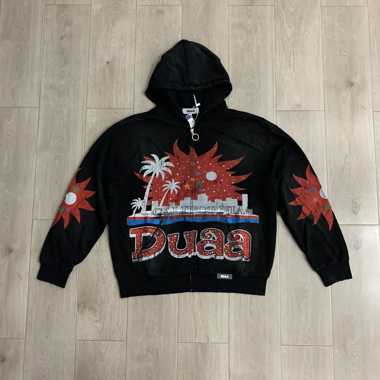 Hoodie noir imprimé graphique, fermeture éclair complète et coupe oversized 6