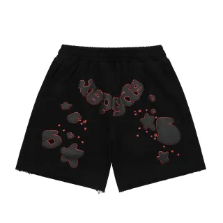Black Red Graphic Appliqué Raw Hem Shorts
