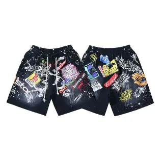 Black Splatter-Effect Graphic Patchwork Drawstring Shorts