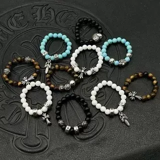Black White Beaded Metal-Charm Bracelet