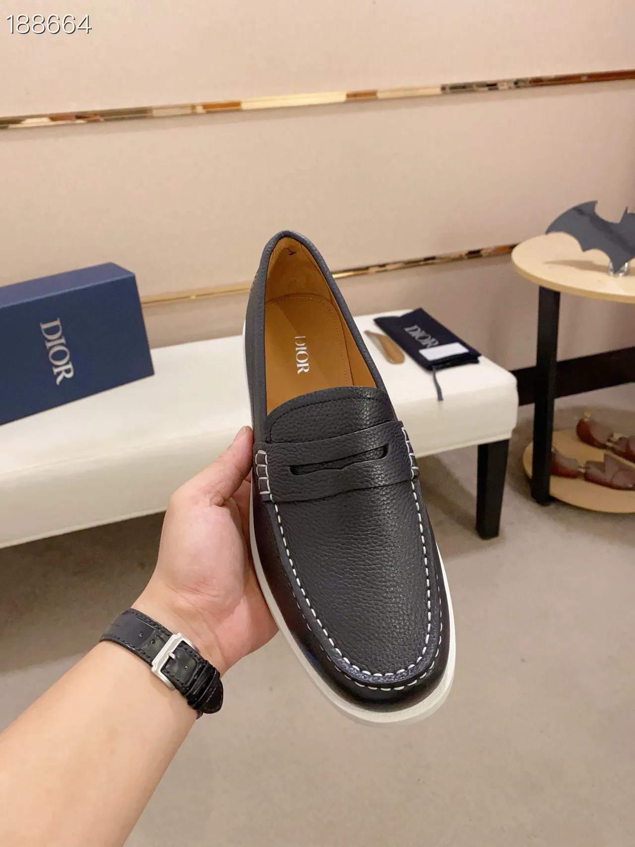 Black White Pebbled Leather Penny Strap Loafer 5