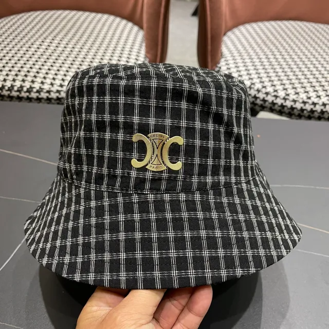 Black White Plaid Pattern Metal Logo Badge Bucket Hat 6