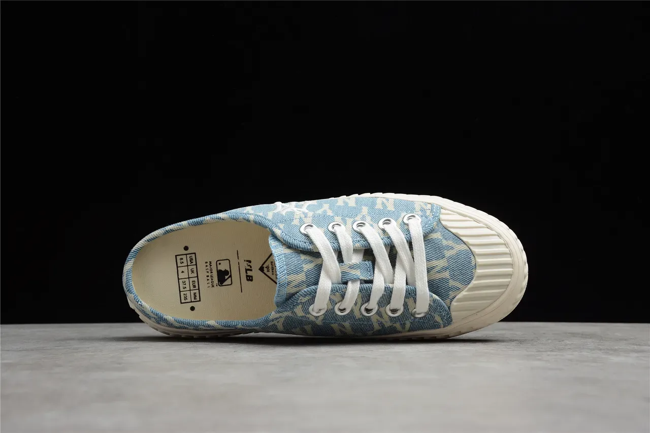 Chaussures mule slip-on en toile bleu beige imprimé denim 4