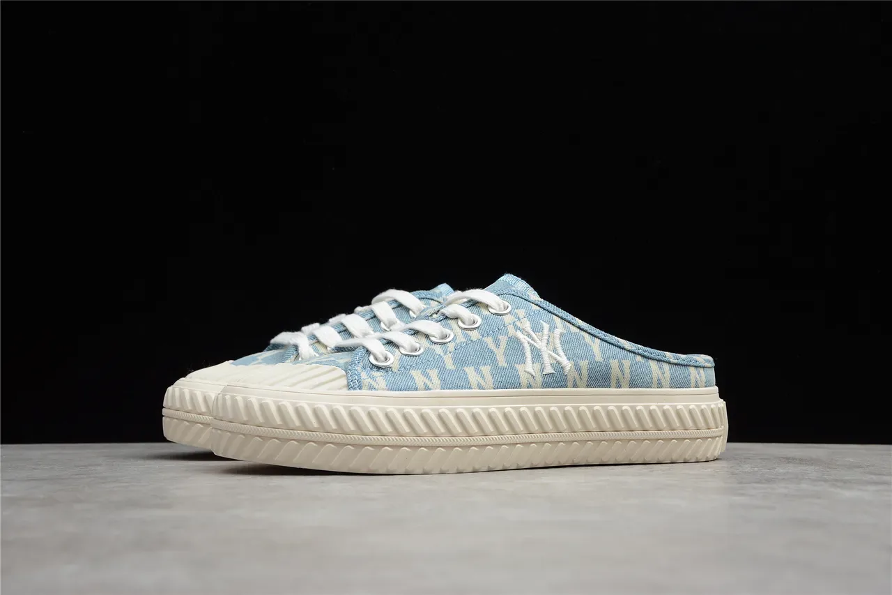 Chaussures mule slip-on en toile bleu beige imprimé denim 6