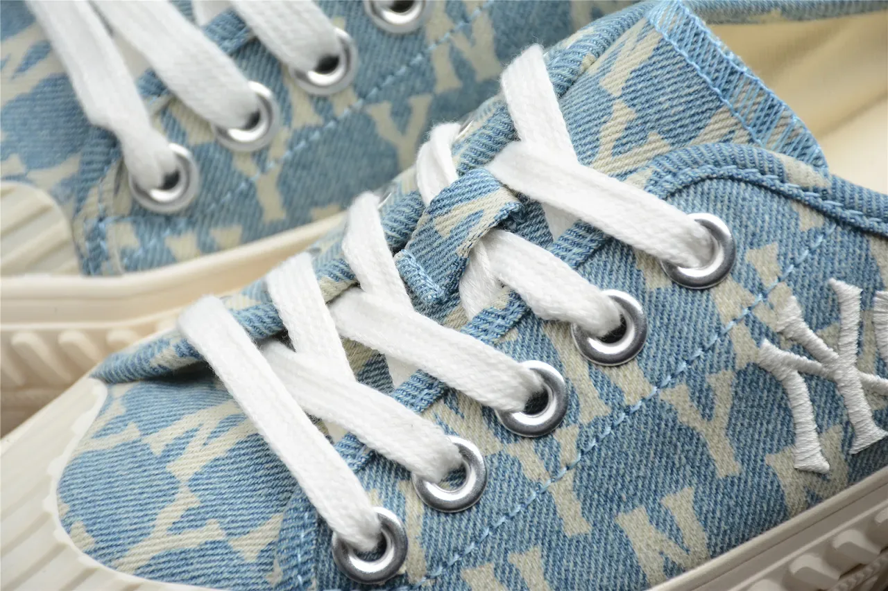 Chaussures mule slip-on en toile bleu beige imprimé denim 12