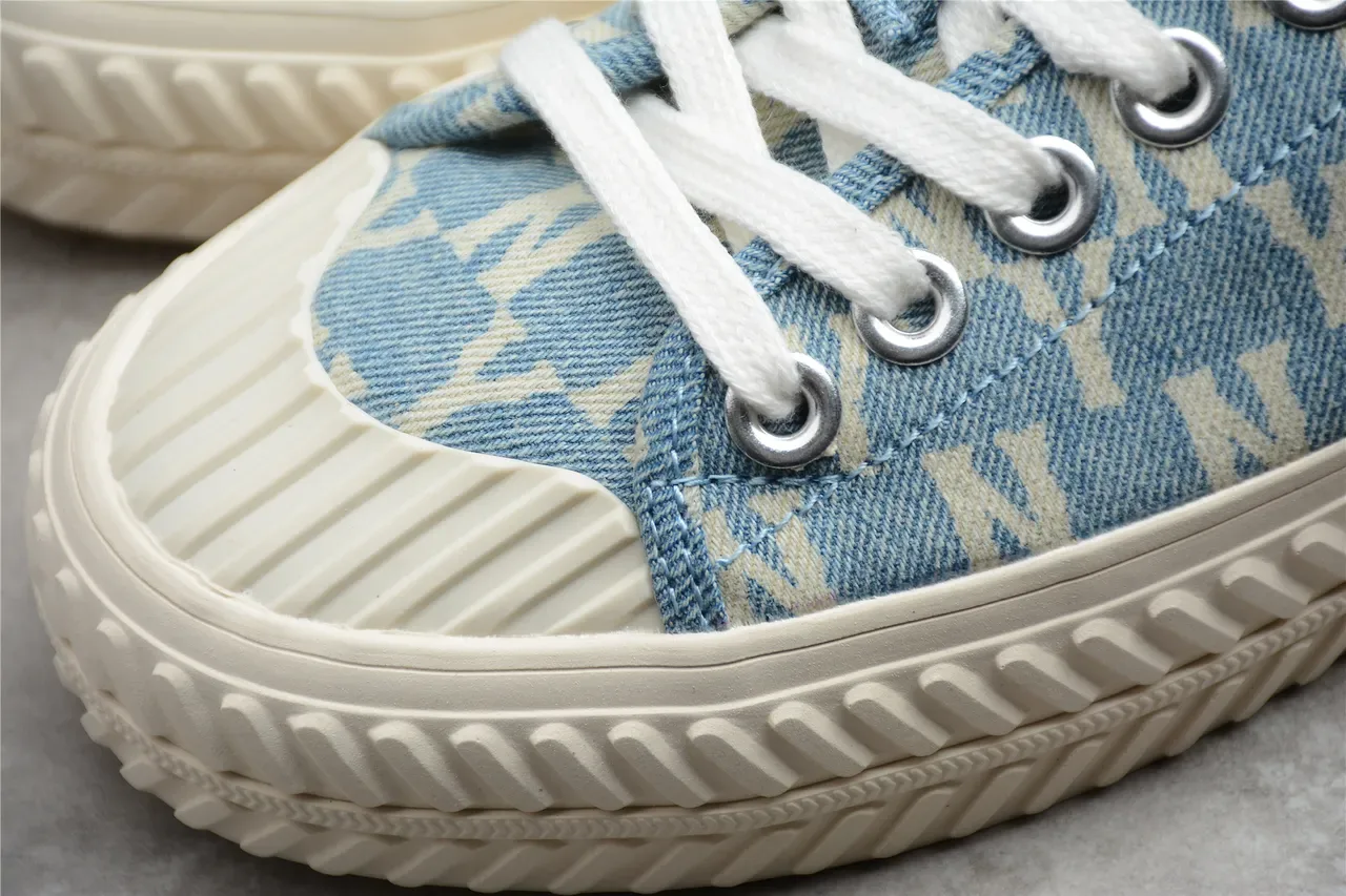 Chaussures mule slip-on en toile bleu beige imprimé denim 13