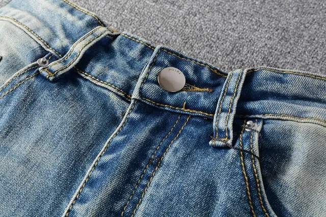 Azul Negro Desgastado Lavado Ligero Denim Panel de Rodilla Construcción Jeans 2