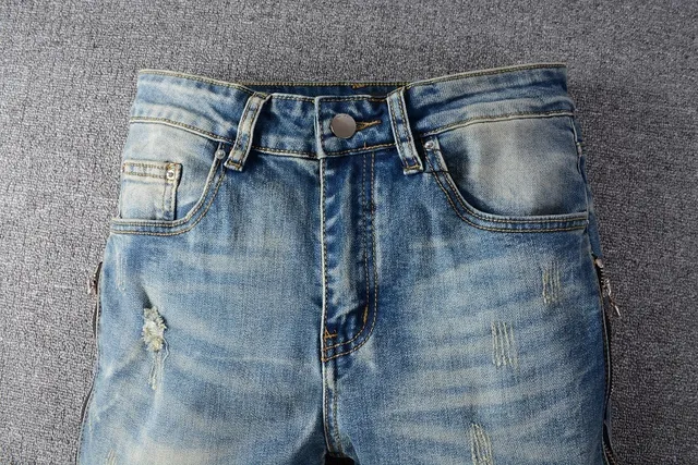 Azul Negro Desgastado Lavado Ligero Denim Panel de Rodilla Construcción Jeans 3