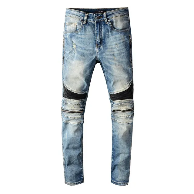 Azul Negro Desgastado Lavado Ligero Denim Panel de Rodilla Construcción Jeans 4