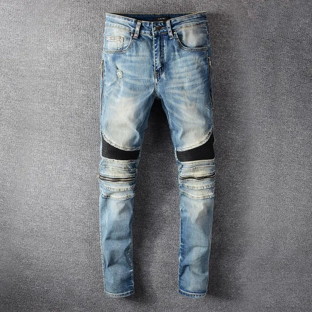 Azul Negro Desgastado Lavado Ligero Denim Panel de Rodilla Construcción Jeans 5
