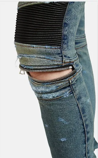 Azul Negro Desgastado Lavado Ligero Denim Panel de Rodilla Construcción Jeans 6