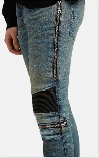 Azul Negro Desgastado Lavado Ligero Denim Panel de Rodilla Construcción Jeans 7