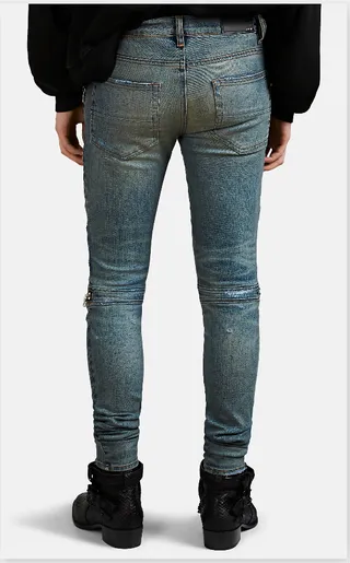 Azul Negro Desgastado Lavado Ligero Denim Panel de Rodilla Construcción Jeans 9
