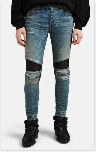 Azul Negro Desgastado Lavado Ligero Denim Panel de Rodilla Construcción Jeans 10