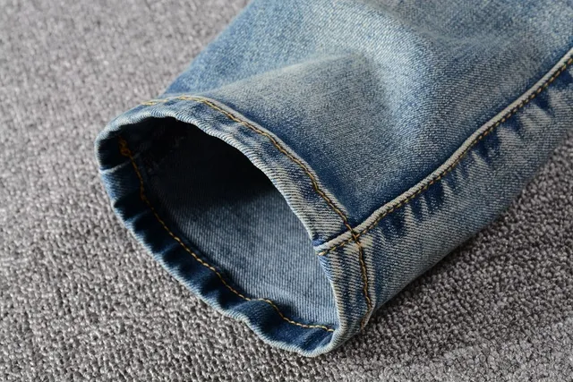 Azul Negro Desgastado Lavado Ligero Denim Panel de Rodilla Construcción Jeans 11