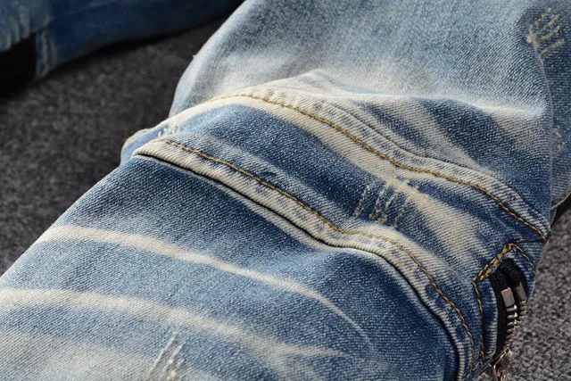Azul Negro Desgastado Lavado Ligero Denim Panel de Rodilla Construcción Jeans 12