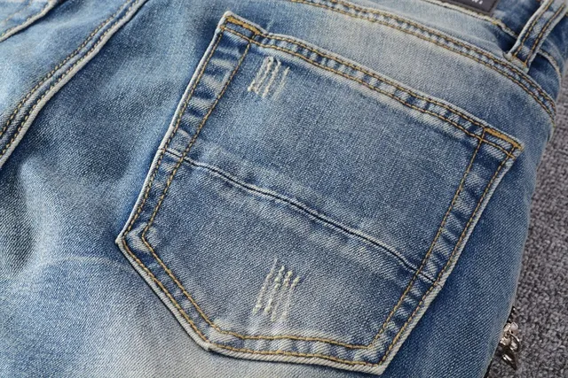 Azul Negro Desgastado Lavado Ligero Denim Panel de Rodilla Construcción Jeans 14
