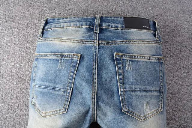 Azul Negro Desgastado Lavado Ligero Denim Panel de Rodilla Construcción Jeans 15