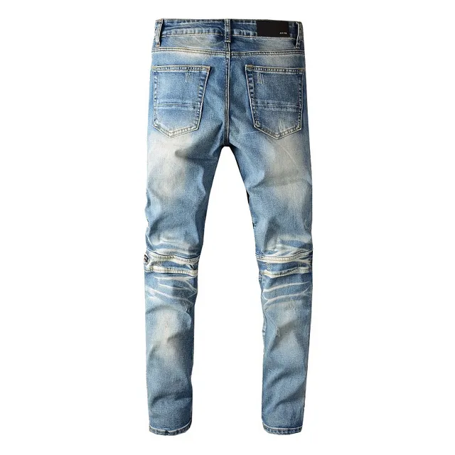 Azul Negro Desgastado Lavado Ligero Denim Panel de Rodilla Construcción Jeans 16