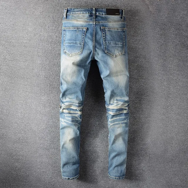 Azul Negro Desgastado Lavado Ligero Denim Panel de Rodilla Construcción Jeans 17