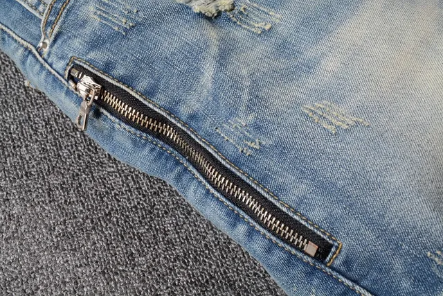 Azul Negro Desgastado Lavado Ligero Denim Panel de Rodilla Construcción Jeans 18