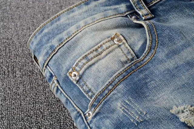 Azul Negro Desgastado Lavado Ligero Denim Panel de Rodilla Construcción Jeans 19