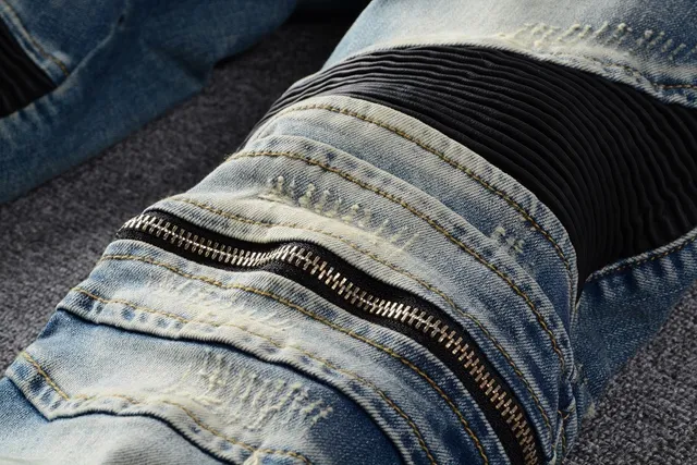 Azul Negro Desgastado Lavado Ligero Denim Panel de Rodilla Construcción Jeans 21