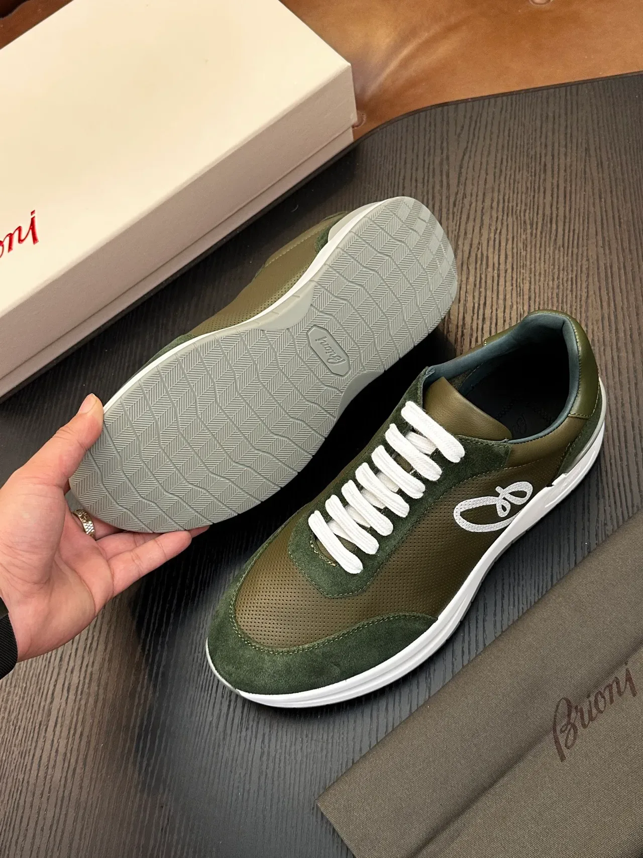 Brioni Olive Green Suede and Leather Lifestyle Sneakers 9