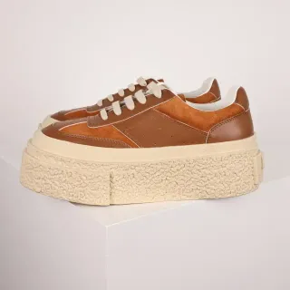 Brown and Cream Platform Suede Leather Sneakers