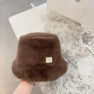 Brown Gold Plush Faux Fur Plaque Bucket Hat