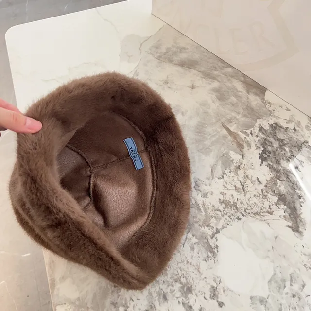 Brown Gold Plush Faux Fur Plaque Bucket Hat 3
