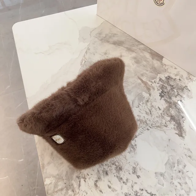 Brown Gold Plush Faux Fur Plaque Bucket Hat 4