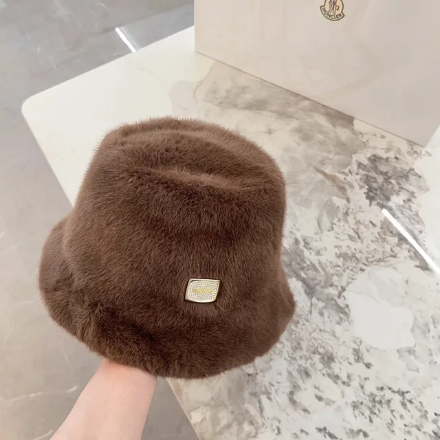 Brown Gold Plush Faux Fur Plaque Bucket Hat 5