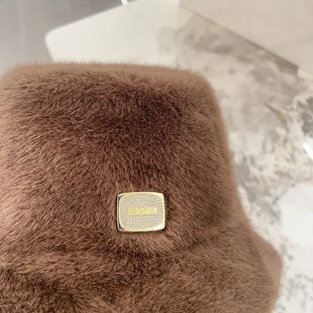 Brown Gold Plush Faux Fur Plaque Bucket Hat 6