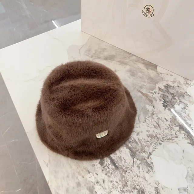 Brown Gold Plush Faux Fur Plaque Bucket Hat 7