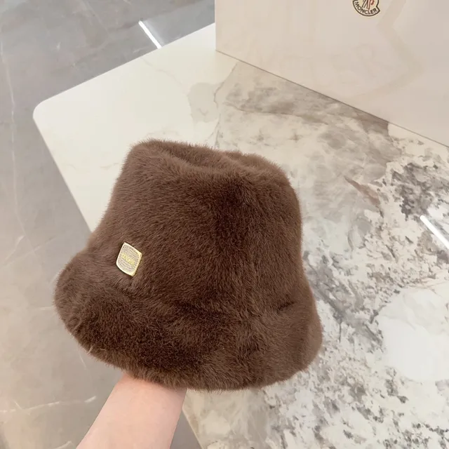 Brown Gold Plush Faux Fur Plaque Bucket Hat 8