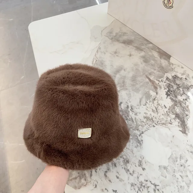 Brown Gold Plush Faux Fur Plaque Bucket Hat 9