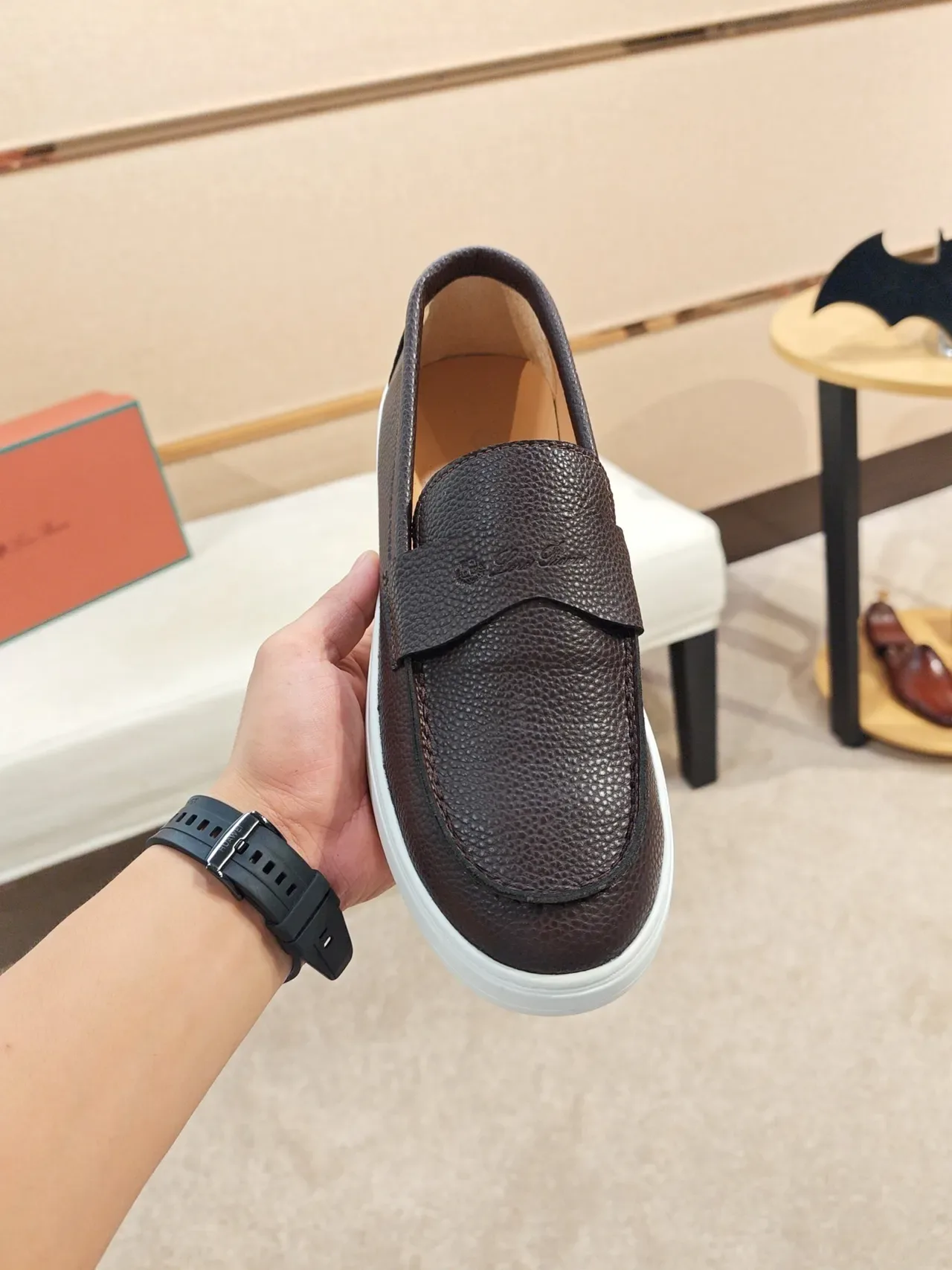 Brown White Pebbled Leather Penny Strap Loafer 4