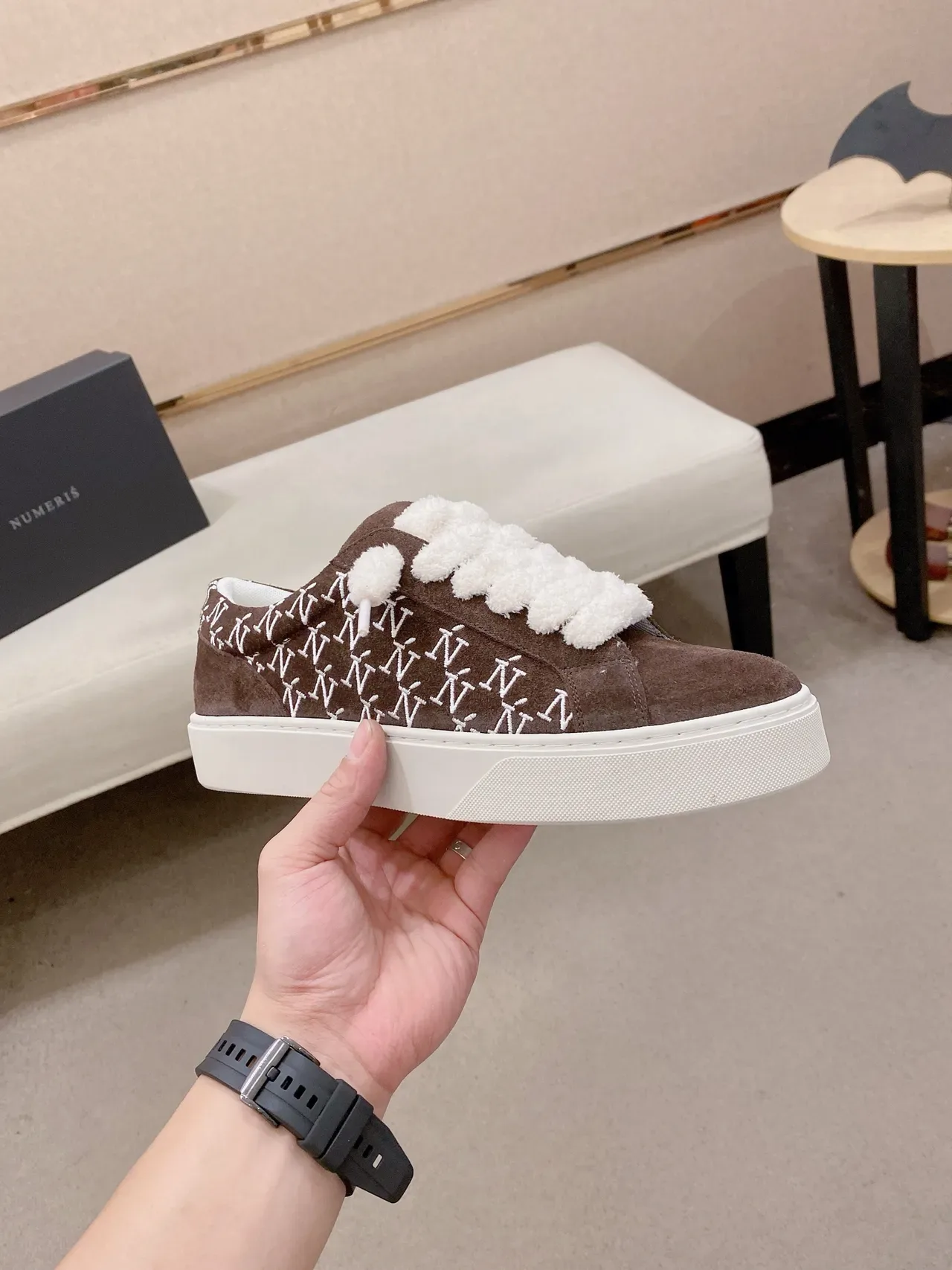 Brown White Suede Upper Monogram Embroidery Sneakers 4